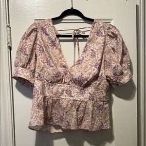 J. Crew Pink Tie Front Peplum Blouse with Short Sleeves